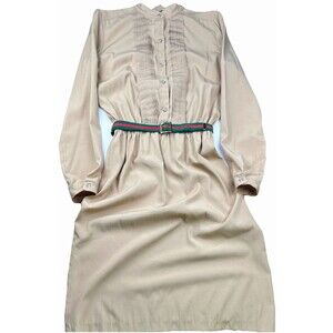 Vintage 80s Light Academia Preppy Khaki Dress Green Red Belt - Size 10